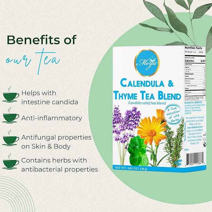 Merja Herbs Calendula & Thyme Tea [250g] 100% Natural for Fungal Cleanse & Body Detox | Decaf Viral Relief | Herbal Teas & Beverages