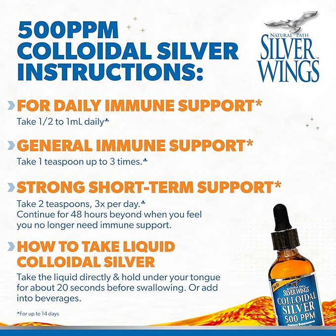 Natural Path Silver Wings Colloidal Silver - Extra Strength Liquid Immune Support Supplement - - 500ppm (2500mcg) - 2oz Dropper