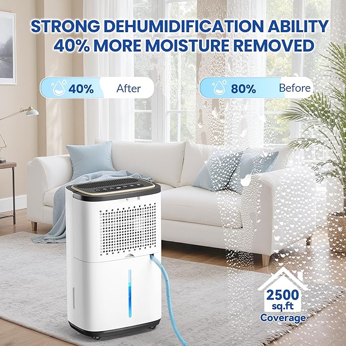 2500 Sq.Ft Dehumidifier for Basement with Drain Hose, 30 Pint Large Best Compressor Dehumidifiers for Home or Garage, Continuous Dehumidifying Features Humidity Display, 24H Timer and Child Lock