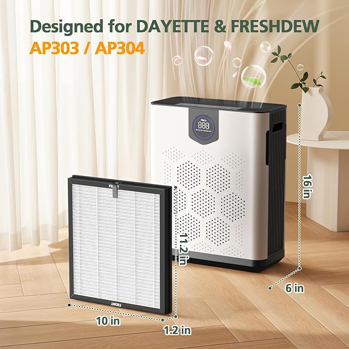 AP303 AP304 Replacement Filters, Compatible with DAYETTE AP303/304 Air Purifier, and for FRESHDEW AP303 AP304 Purifier, HEPA Filter with 3 Stage Filtration, 4 Pack (Standard-White)