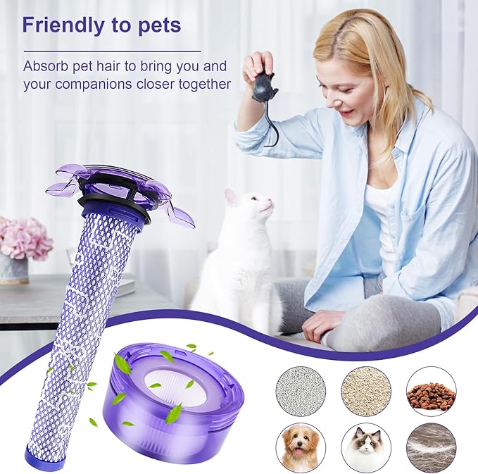 Upgraded V7 V8 Cordless Vacuum Cleaner Filter for Dyson V7 V8 Animal and V8 Absolute Cordless Vacuum, 4 Pre-Filters, 4 Post-Filters, 1 Brush, Compare to Part 965661-01 & 967478-01