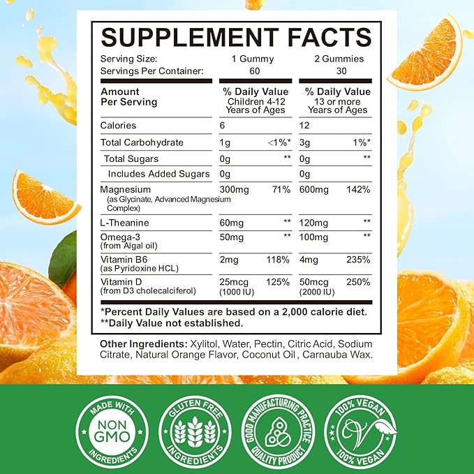Magnesium Complex Gummies for Kids & Adults- Magnesium Glycinate Supplement- Support Calm Stress Relief, Bones, Mood Vegan- Sugar-Free Orange Flavor, 60 Gummies