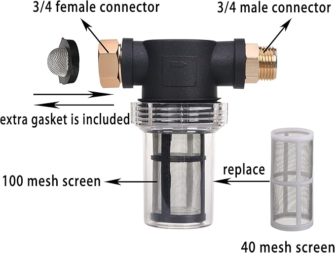 JOEJET Garden Hose Filter, Sediment Filter Attachment for Pressure Washer Inlet Water, Inline Water Filter for Garden Hose with 40 Mesh and 100 Mesh Screen, 2 Pack O-Ring