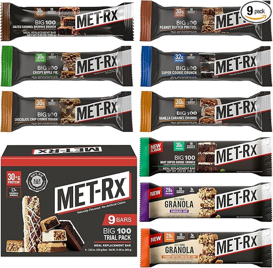 MET-Rx Big 100 Trial Pack, Meal Replacement Bars, 9 Count