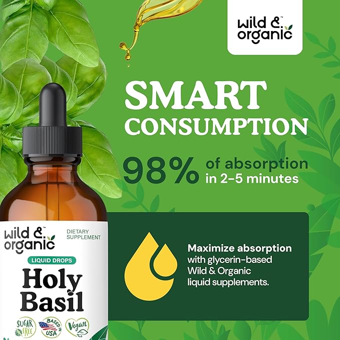 Wild & Organic Holy Basil Tincture - Relaxation & Calmness Support - Liquid Holy Basil Leaf Supplement - Tulsi Drops - Vegan, Sugar & Alcohol-Free Extract - 4 fl oz