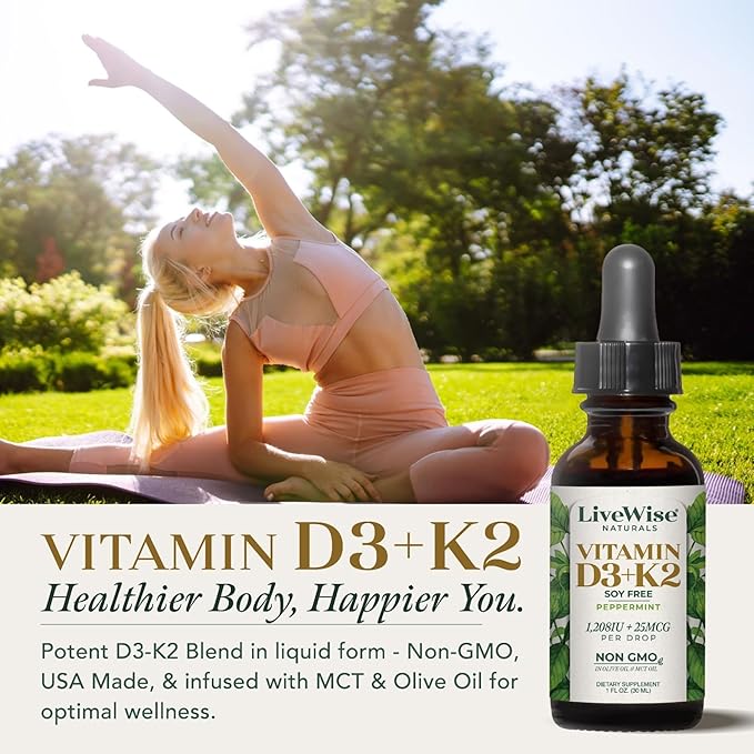 LiveWise Naturals Vitamin D3 with K2 Liquid Drops, All Natural, Non-GMO, USA Made, 1208 IU Vitamin D3 & 25 mcg K2, Supports Bone Health and Energy Levels, Infused with Peppermint, Olive, and MCT Oil