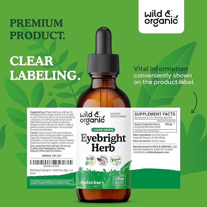 Wild & Organic Eyebright Herb Tincture - Eye Support with Eyebright Supplement - Dietary Euphrasia Extract Liquid Drops - Vegan, Sugar Alcohol-Free - 2 fl oz