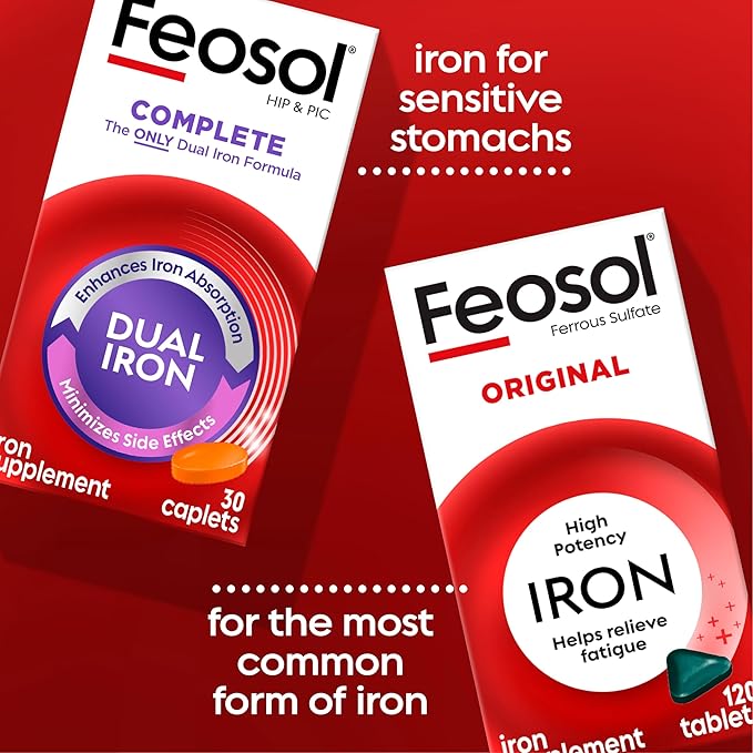 Feosol Complete Iron Supplement Caplets, Bifera Iron for High Absorption, Heme and Non-Heme Dual Action Minimizes Side Effects, 1 Per Day, Energy and Immune System Support, Pack of 2, Total 60 Count