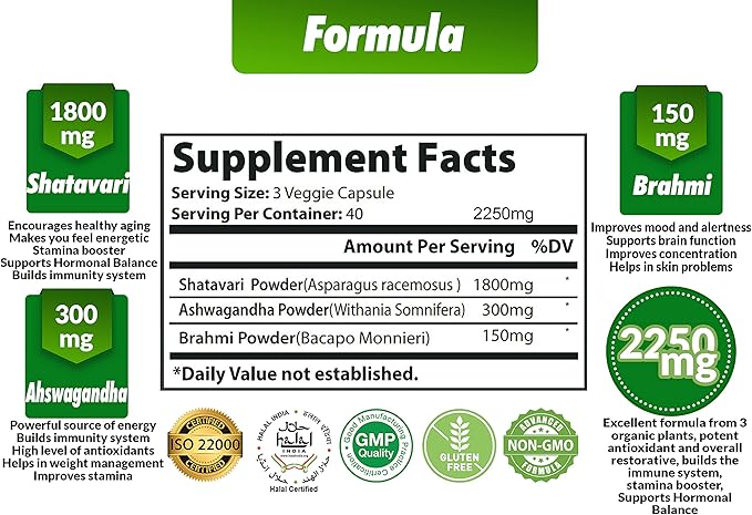Organic Shatavari Powder Capsules 2250MG with Ashwagandha, Brahmi Extract | Support Women Health, 120 Vegan Capsules