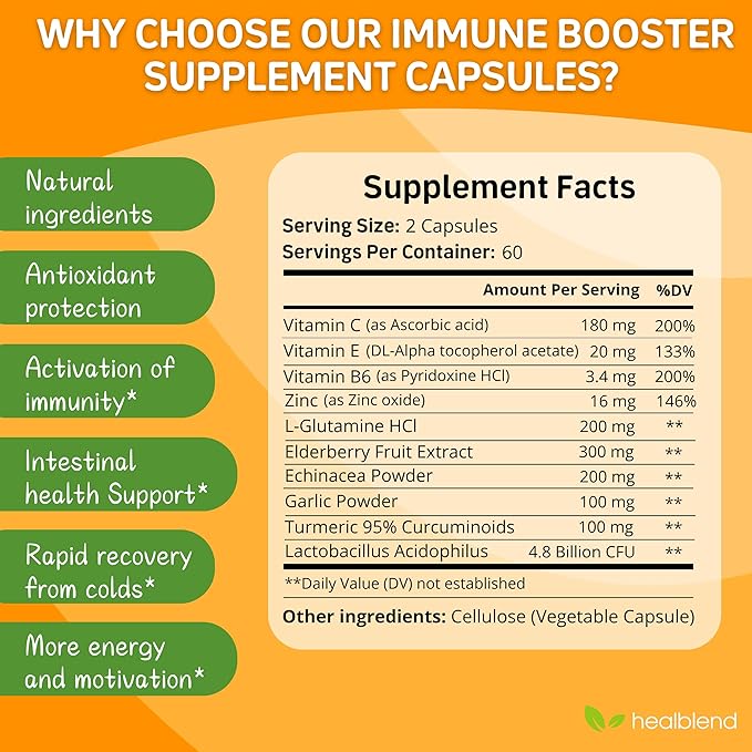 healblend 10 in 1 Immune Support Supplement Booster with Elderberry, Zinc, Echinacea, Turmeric, Lactobacillus Acidophilus, for Adults (3 Pack)