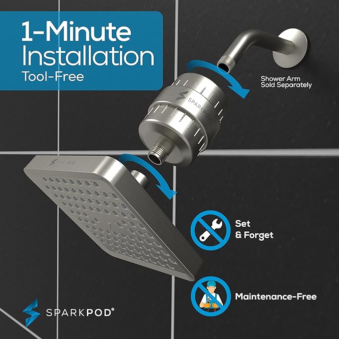 SparkPod Luxury Filtered Shower Head Set 23 Stage Shower Filter - Reduces Chlorine and Heavy Metals - High Pressure Showerhead Filter (6" Square, Elegant Brushed Nickel)