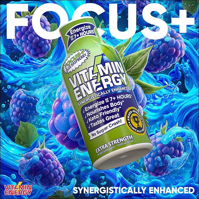 Vitamin Energy Focus+ Extra Strength Energy Shot Blue Raspberry 48 Pack, 260mg Natural Caffeine, B-Vitamins, CoQ10, Amino Acids, Focus, Productivity & Clarity, Zero Sugar, Gluten-Free, 1.93 fl oz