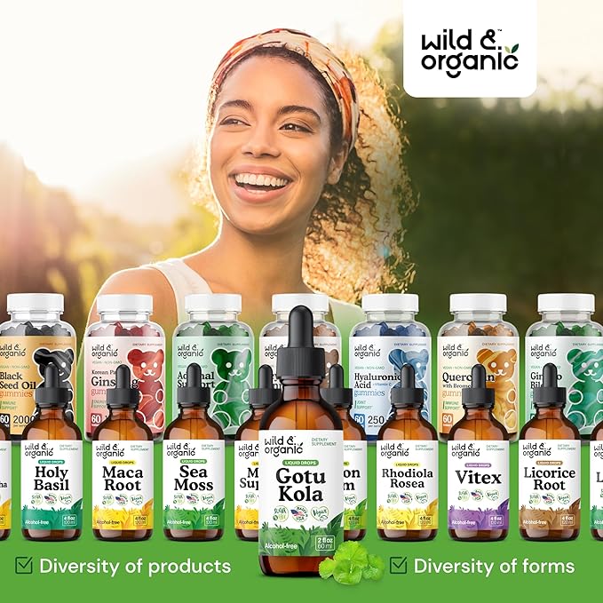 Wild & Organic Gotu Kola Herb Tincture - Brain Support - Gotu Kola Liquid Extract Drops - Vegan, Sugar & Alcohol-Free Centella Asiatica Supplement - 2 fl oz