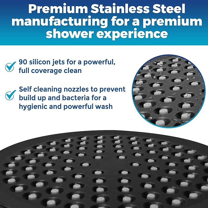 High Pressure Shower Head - Anti-Clogging Silicone Nozzles - 2.5 GPM Removable Restrictor - Easy to Clean Adjustable Replacement - easy to install with Plumbers Tape - 6 inch - Matte Black Finish