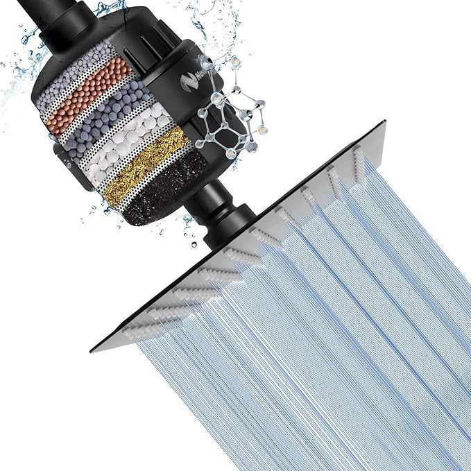 NearMoon Square Shower Head and 15 Stage Shower Filter Combo, High Pressure Filtered Head for Hard Water, Improves the Condition of Your Skin, Hair (Matte Black)