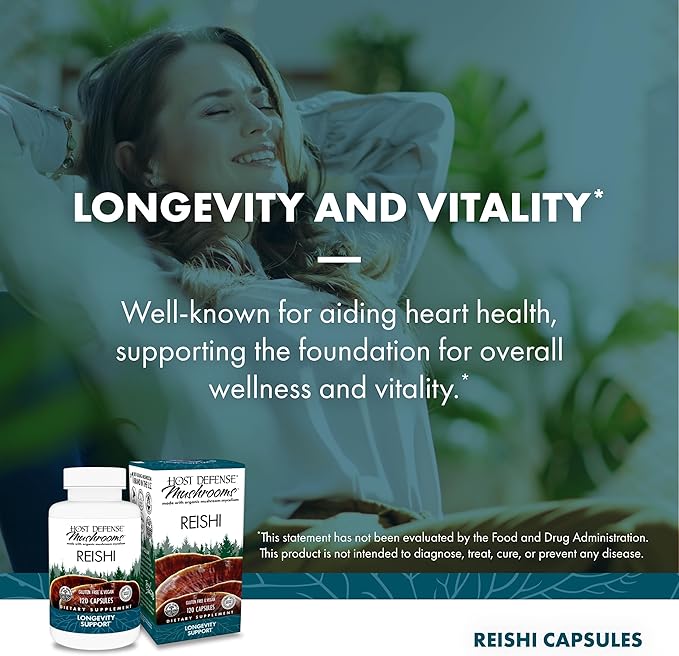 Host Defense Reishi Capsules - Heart & Immune Health Support Supplement - Mushroom Supplement to Support Energy & Vitality - Reishi Supplement to Aid Overall Well-Being - 120 Capsules (60 Servings)*
