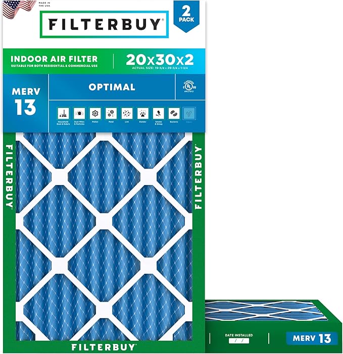 Filterbuy 20x30x2 Air Filter MERV 13 (MPR 1900) Health Defense Replacement (2-Pack), Electrostatic Pleated HVAC AC Furnace Filters, Made in USA (Actual Size: 19.75 x 29.75 x 1.75)