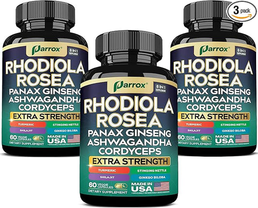 Rhodiola Rosea Panax Ginseng Ashwagandha Cordyceps Mushroom Turmeric Ginkgo Biloba Stinging Nettle Adaptogen Blend Supplement Capsules for Daily Wellness Support (3 Pack)