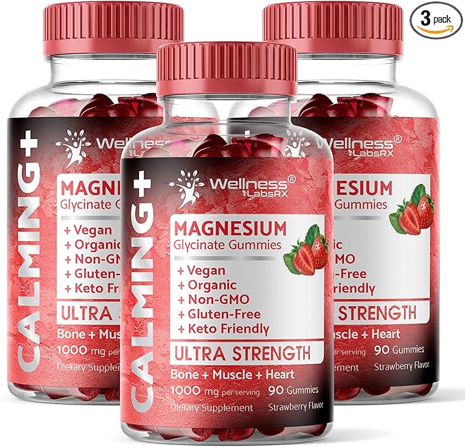 Magnesium Glycinate Gummies, 1000 mg - Magnesium Supplement to Support Relaxation, Heart Health - Chewable Calm Magnesio Gummies for Adults, Glicinato De Magnesio - Strawberry Flavor - Pack of 3