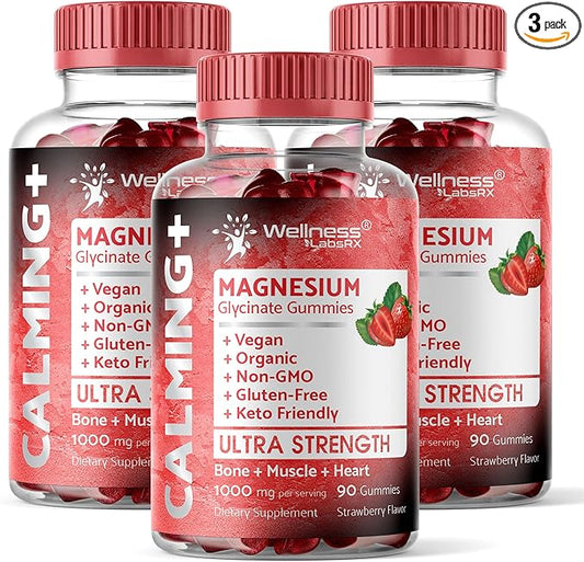 Magnesium Glycinate Gummies, 1000 mg - Magnesium Supplement to Support Relaxation, Heart Health - Chewable Calm Magnesio Gummies for Adults, Glicinato De Magnesio - Strawberry Flavor - Pack of 3