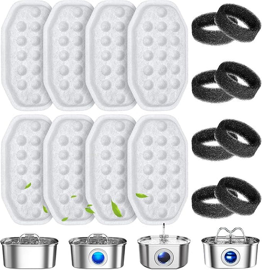 16 Pcs Cat Water Fountain Filters Replacement & Pre-Filter Sponges for 108oz/3.2 Stainless Steel Pet Water Fountain with Water Level Window