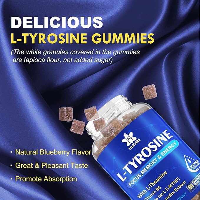 L-Tyrosine Gummies 1100mg with Ashwagandha for Men & Women, L Tyrosine Supplement and L-Theanine Calm & Focus Gummies Plus Vitamin B6, Folate, Copper for Brain, Mood, Energy - Vegan, Gluten-Free