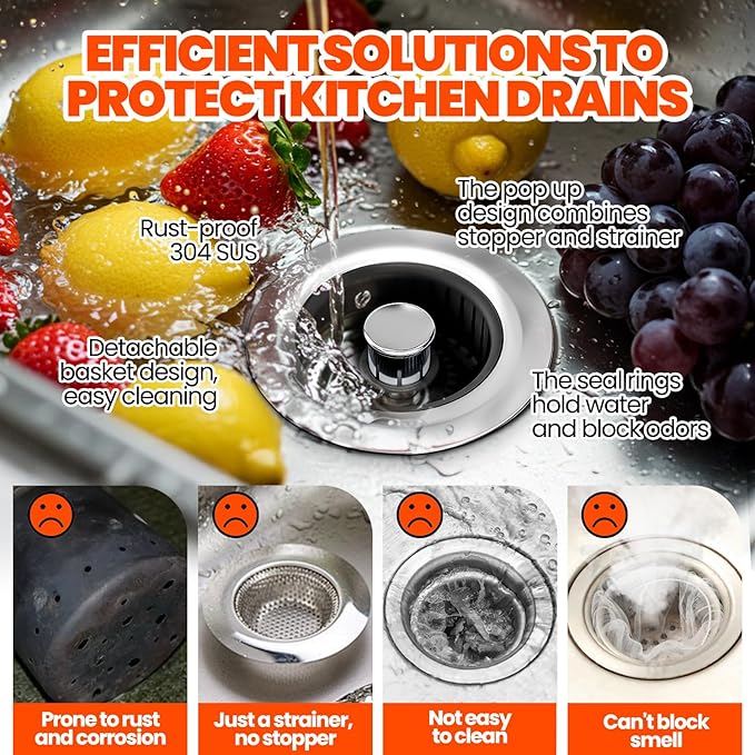 3 in 1 Kitchen Sink Drain Strainer & Sink Stopper, Upgraded Stainless Steel Drain Plug Combo with Anti-Clog Basket, Pop Up Drain Cover for Standard 3-1/2'',Garbage Disposal Parts