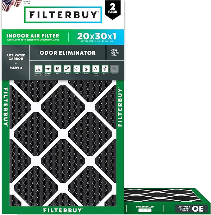 Filterbuy 20x30x1 Air Filter MERV 8 (MPR 700) Odor Eliminator Replacement (2-Pack), Electrostatic Pleated HVAC AC Furnace Filters w/Activated Carbon, Made in USA (Actual Size: 19.63 x 29.63 x 0.75)
