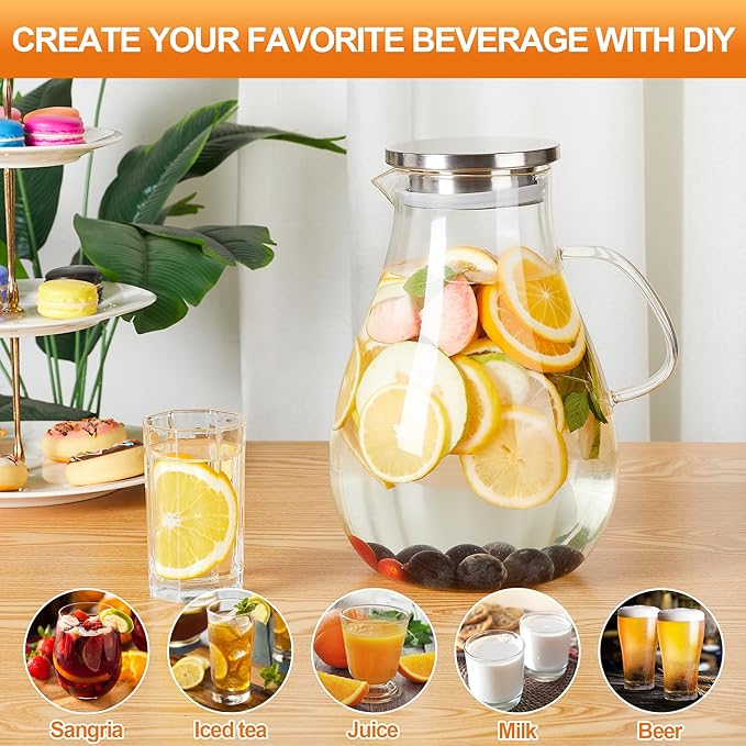Glass Pitcher with Lid,1 Gallon Glass Water Pitcher Hot/Cold Water Jug, 128oz Juice and Iced Tea Beverage Carafe with Lid (Extra-Wide Mouth)