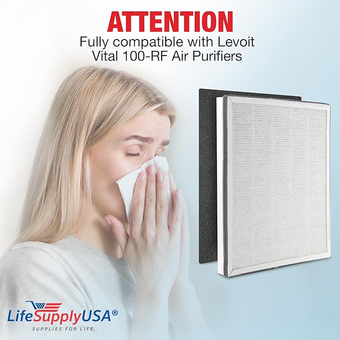 LifeSupplyUSA Complete Replacement Filter Set (1 True HEPA Air Cleaner Replacement Filter + 1 Carbon Filter) Compatible with Levoit Vital 100-RF Air Purifiers (3-Pack)