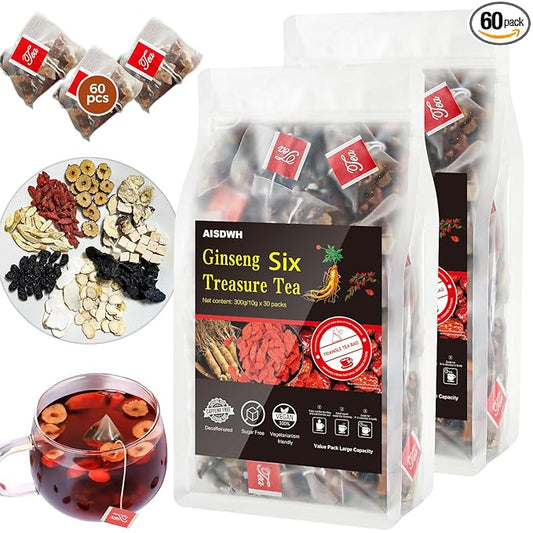 kidney tea formula ginseng six treasure tea，Traditional Chinese Herbal Medicine Ginseng tea bag, Nine natural ingredients，Organic Kidney Cleanse Detox Tea，for Men & Women,(60 Bags/2 Pack)