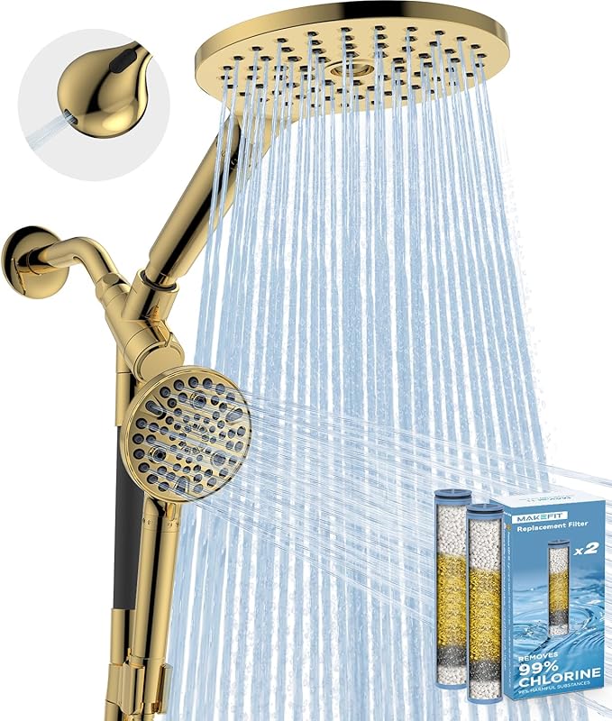 Dual Filtered Rain Shower Head Combo, High Pressure Handheld Shower Head with Adjustable Bar - Rainfall Shower Head And Showerhead with Filter for Hard Water - Removes Chlorine(Gold)