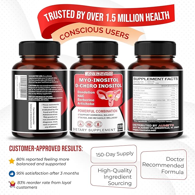 Myo-Inositol + D-Chiro Inositol – 150 Capsules – with Folate, NAC, Berberine, CoQ10, and Detox Blend – Support Hormonal Balance & Metabolic Wellness – Non-GMO, Gluten-Free