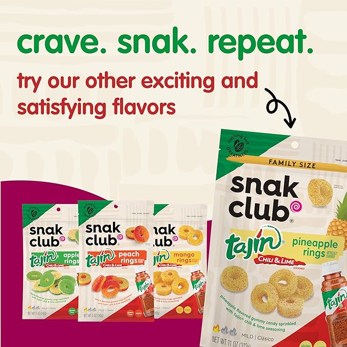 Snak Club Watermelon Rings, Tajin Chili & Lime Seasoned, Sweet and Spicy Gummy Candy, Mild in Heat Bold in Flavor, Low-Fat, Vegan, Gluten-Free Snack, Family Size, 11 Ounce