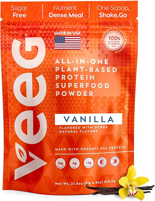 Veeg All-in-One Protein Smoothie Powder - Plant Based Protein Powder, Superfoods, Organic Greens, MCT Oil, Probiotics, Multivitamins for Men & Women, Sugar-Free, 15 Servings (Vanilla)
