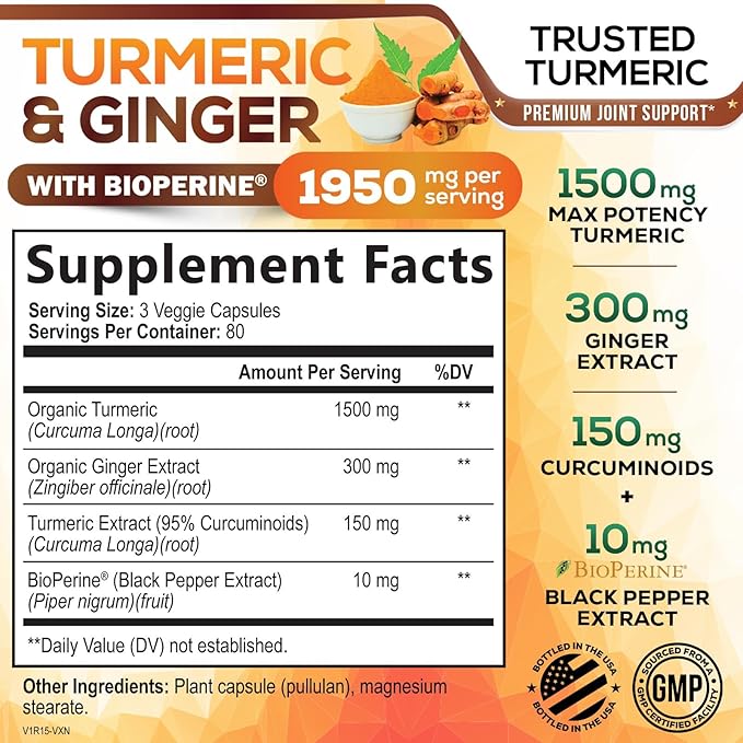 Turmeric Curcumin Supplement 1950mg - 95% Curcuminoids with Organic Turmeric & Ginger, BioPerine Black Pepper for Best Absorption, Nature's Vegan Joint Support, Non-GMO, Bottled in USA - 240 Capsules