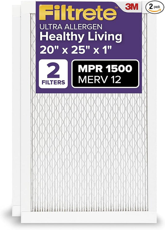 Filtrete 20x25x1 AC Furnace Air Filter, MERV 12, MPR 1500, CERTIFIED asthma & allergy friendly, 3 Month Pleated 1-Inch Electrostatic Air Cleaning Filter, 2-Pack (Actual Size 19.719x24.688x0.78 in)