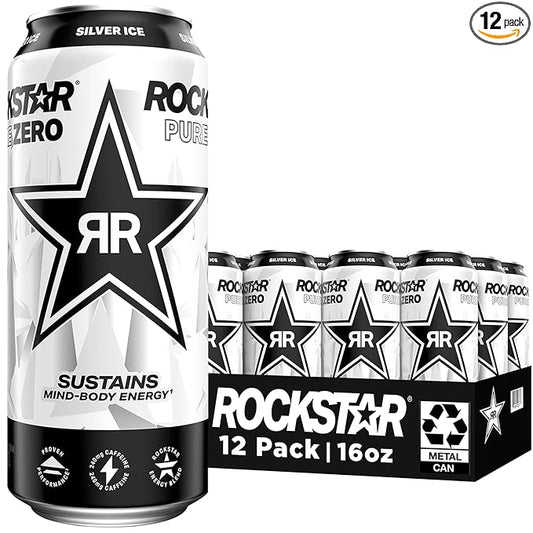 Rockstar Pure Zero Energy Drink, Silver Ice, 0 Sugar, with Caffeine and Taurine, 16oz Cans (Pack of 12) (Packaging May Vary)