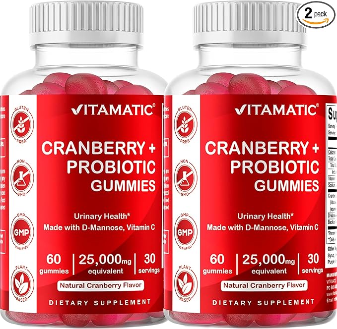 Vitamatic 2 Pack Vegan Cranberry Gummies with D-Mannose, Probiotic & Vitamin C for Women Urinary Tract Health - 25000mg Equivalent Per Serving (from 50:1 Extract 500 mg) - 60 Count