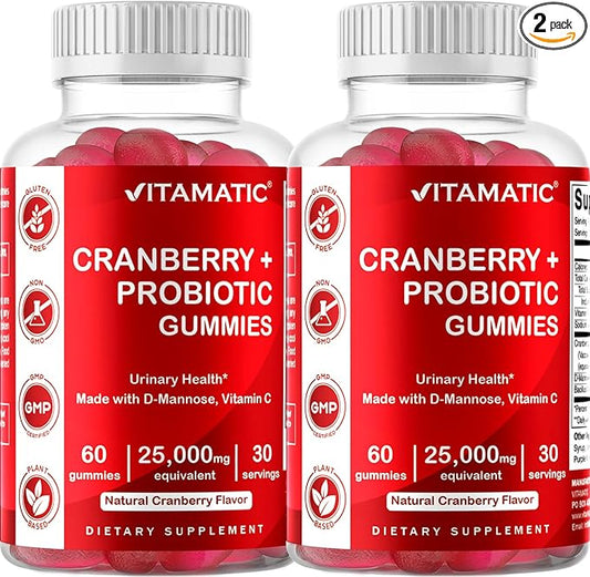 Vitamatic 2 Pack Vegan Cranberry Gummies with D-Mannose, Probiotic & Vitamin C for Women Urinary Tract Health - 25000mg Equivalent Per Serving (from 50:1 Extract 500 mg) - 60 Count