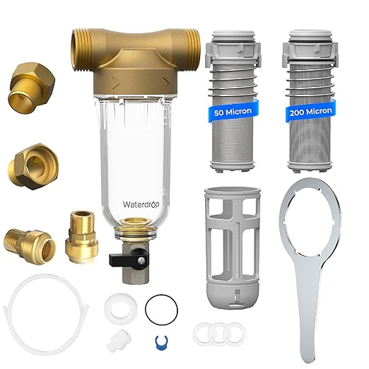 Waterdrop Spin Down Sediment Filter, Backwash Whole House Water Filter System for Well Water, 50 Micron+200 Micron, 1" MNPT + 3/4" FNPT + 3/4" MNPT, Traps Sand, BPA Free