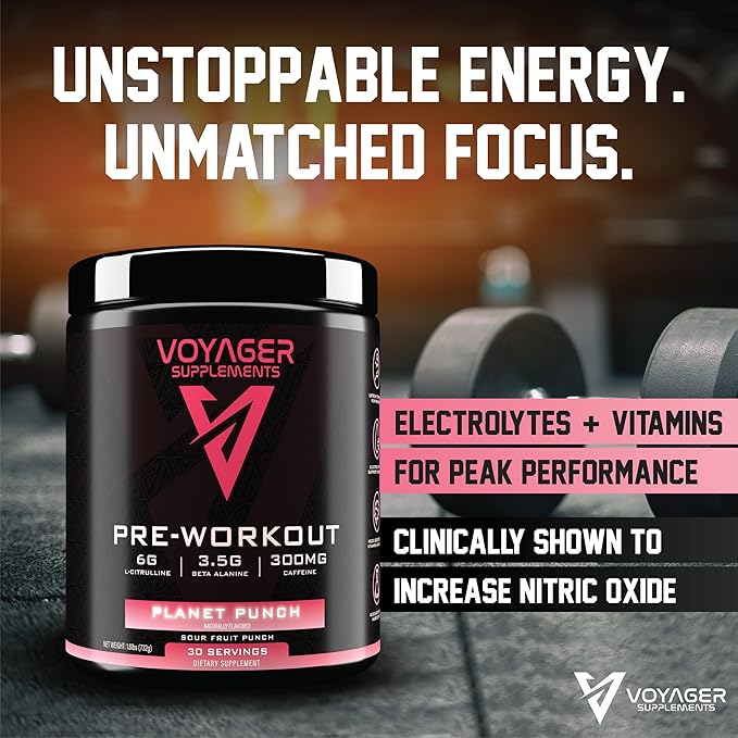 Voyager Pre-Workout Planet Punch – Creatine-Free Powder w/L-Citrulline, Beta-Alanine, Caffeine – Supports Energy, Endurance & Focus – 30 Servings – No Artificial Fillers – GMP Certified