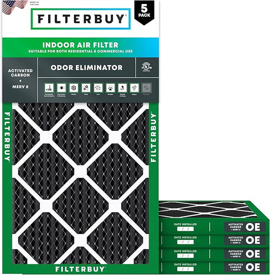 Filterbuy 20x30x1 Air Filter MERV 8 (MPR 700) Odor Eliminator Replacement (5-Pack), Electrostatic Pleated HVAC AC Furnace Filters w/Activated Carbon, Made in USA (Actual Size: 19.63 x 29.63 x 0.75)