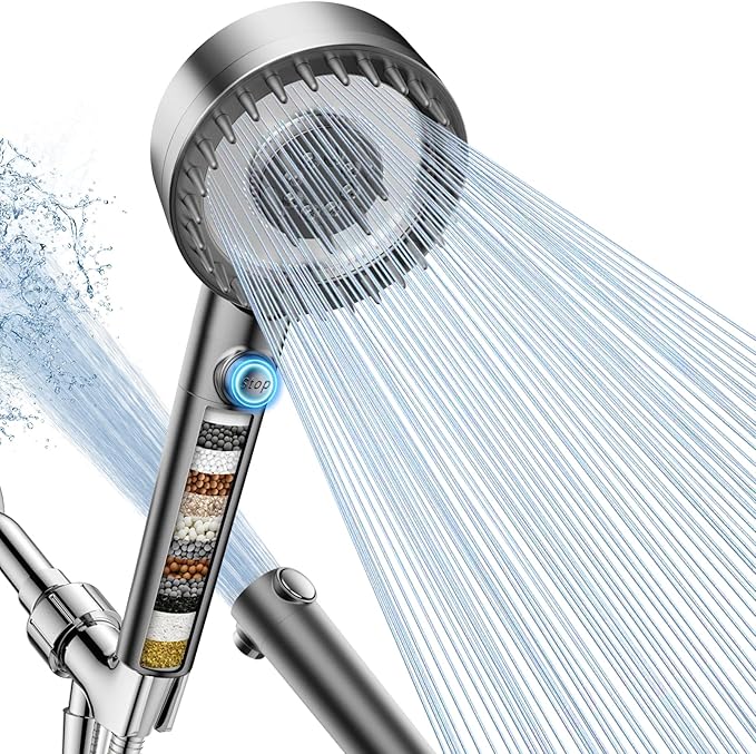Filtered Shower Head with Handheld, High Pressure 4 Spray Mode Showerhead with Filters, Water Softener Filter Beads for Hard Water with ON/OFF Switch for Pets - Remove Chlorine (Gray)