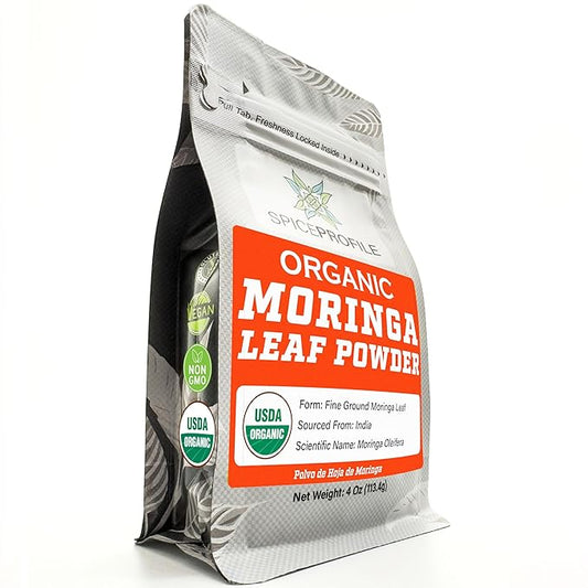 Spice Profile USDA Organic Moringa Powder, Lab Tested for Heavy Metals, Resealable 4 oz Pouch, Moringa Patta Powder, Polvo de Hoja de Moringa