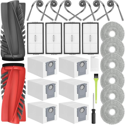 27PCS Replacement Accessories Kit for Roborock Saros 10R / Qrevo CurvX Vacuum Cleaner Includes 2 Main Brush, 4 HEPA Filters, 6 Mop Pads, 6 Dust Bags, 6 Side Brushes, 3 Cleaning Tools