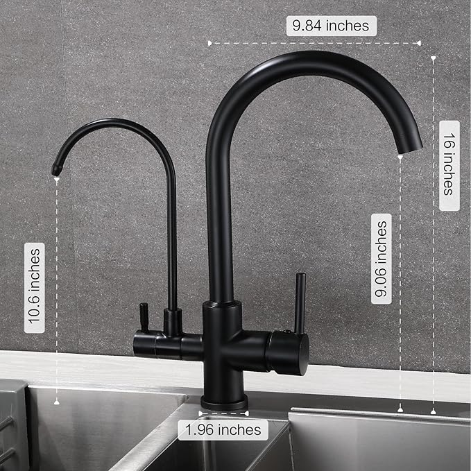HUAHUALALA Kitchen Faucet with Filter Purifier, 3 in 1 Kitchen Faucet, 2 Handle Brass Drinking Water Faucet Reverse Osmosis Matte Black