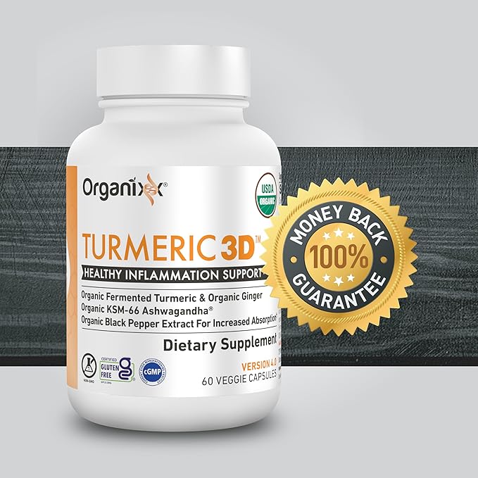 Organixx USDA Organic Turmeric Curcumin Supplement with Ashwagandha, Turmeric & Ginger – Immune & Joint Support, Fermented for Maximum Bioavailability, 60 Vegetarian Capsules