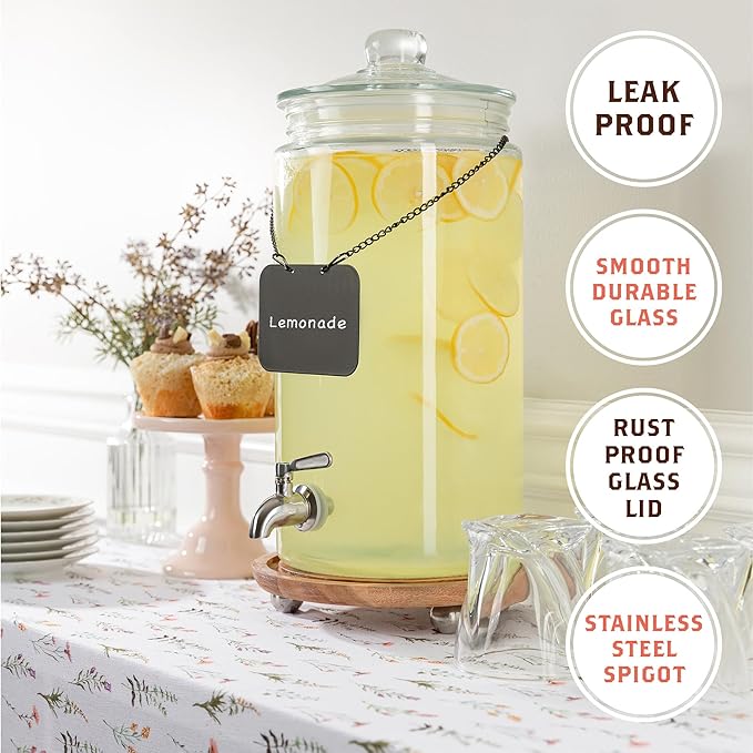 2 Gallon Glass Drink Dispenser with Spout for Parties - Tall Airtight Mason Style Beverage Serveware Stand with Metal Spigot for Kombucha, Water, Juice, Punch, Cocktails, Ice Tea & Sun Tea