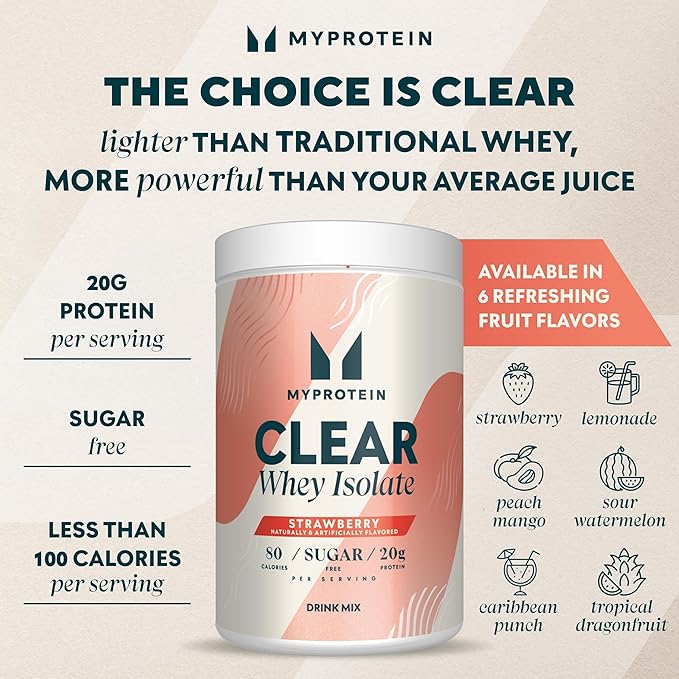 Myprotein Clear Whey Isolate Protein Powder, 1.1 Lb (20 Servings) Strawberry, 20g Protein per Serving, Naturally Flavored Drink Mix, Daily Protein Intake for Superior Performance